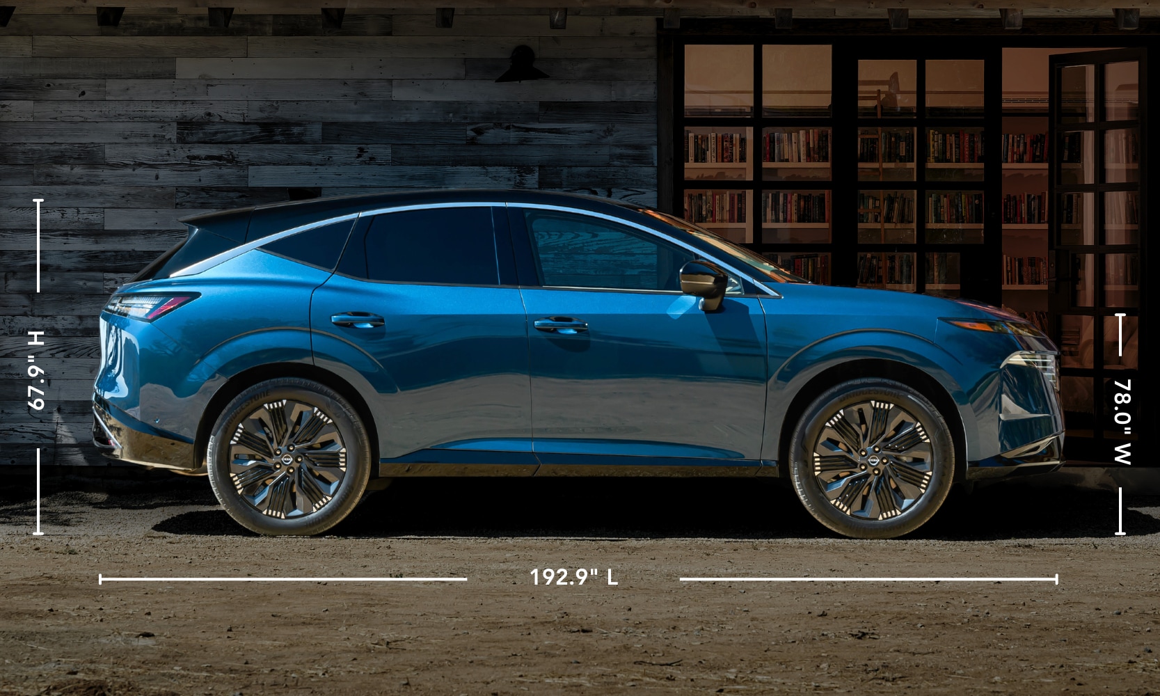 Exterior side image graphic of a blue 2025 Nissan Murano Platinum parked in front of a building with its specs displayed