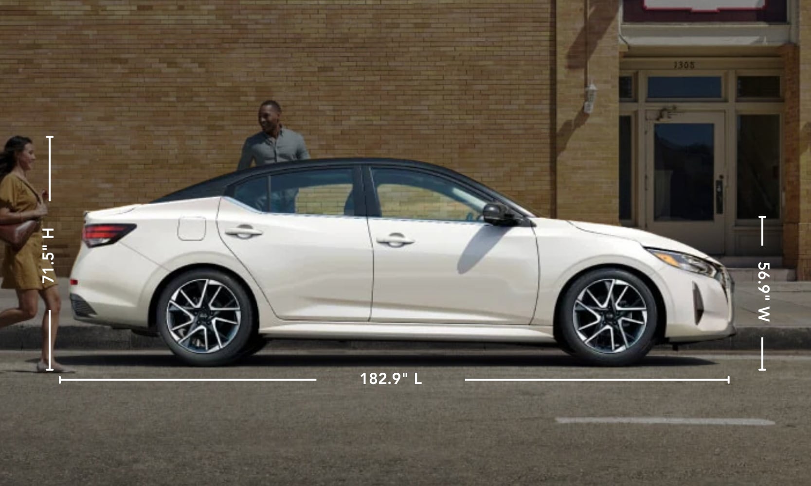A graphic of a white 2025 Nissan Sentra with exterior dimensions displayed and parked with two people approaching