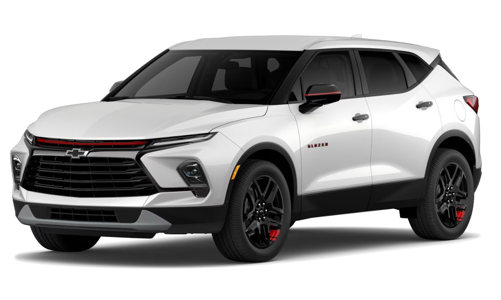 Exterior image of a white 2024 Chevy Blazer 2LT with red line accents parked on a white background