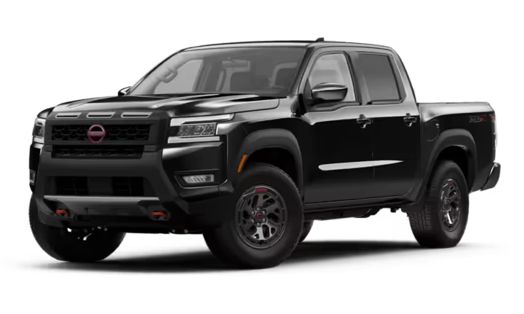 Exterior side angled image of a black 2025 Nissan Frontier PRO-X parked on a white background