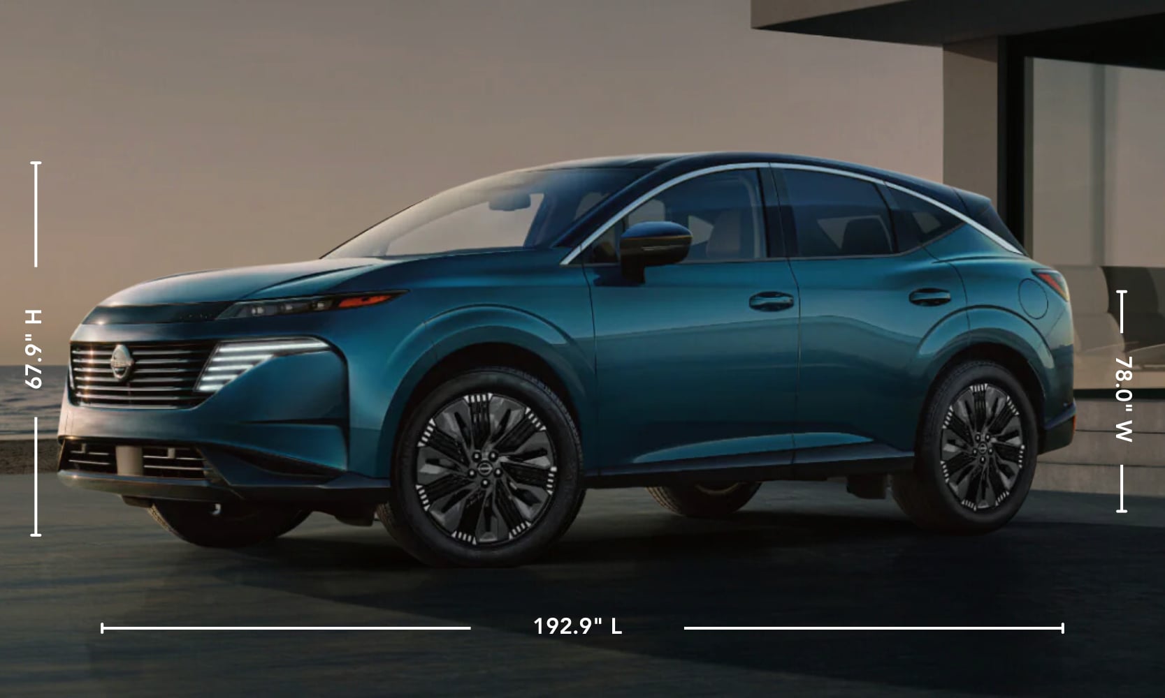 Exterior side image graphic of a teal 2025 Nissan Murano parked with its exterior specs displayed and water in the background
