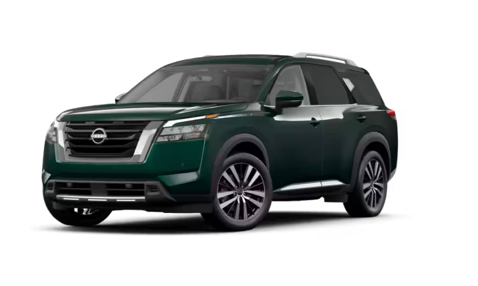 Exterior front side angle image of a green 2025 Nissan Pathfinder Platinum parked on a white background