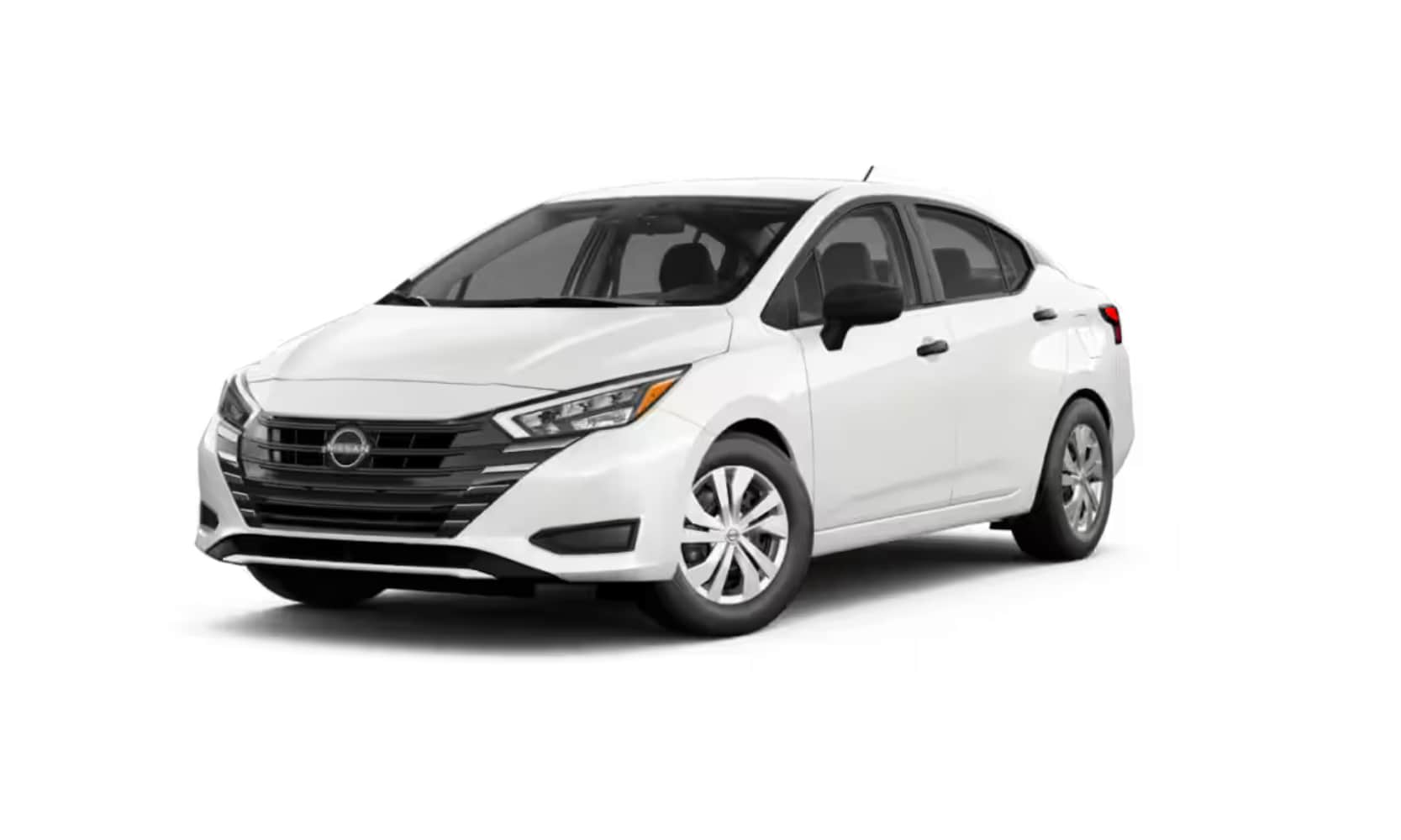 Exterior front angle image of a white 2025 Nissan Versa S parked on a white background