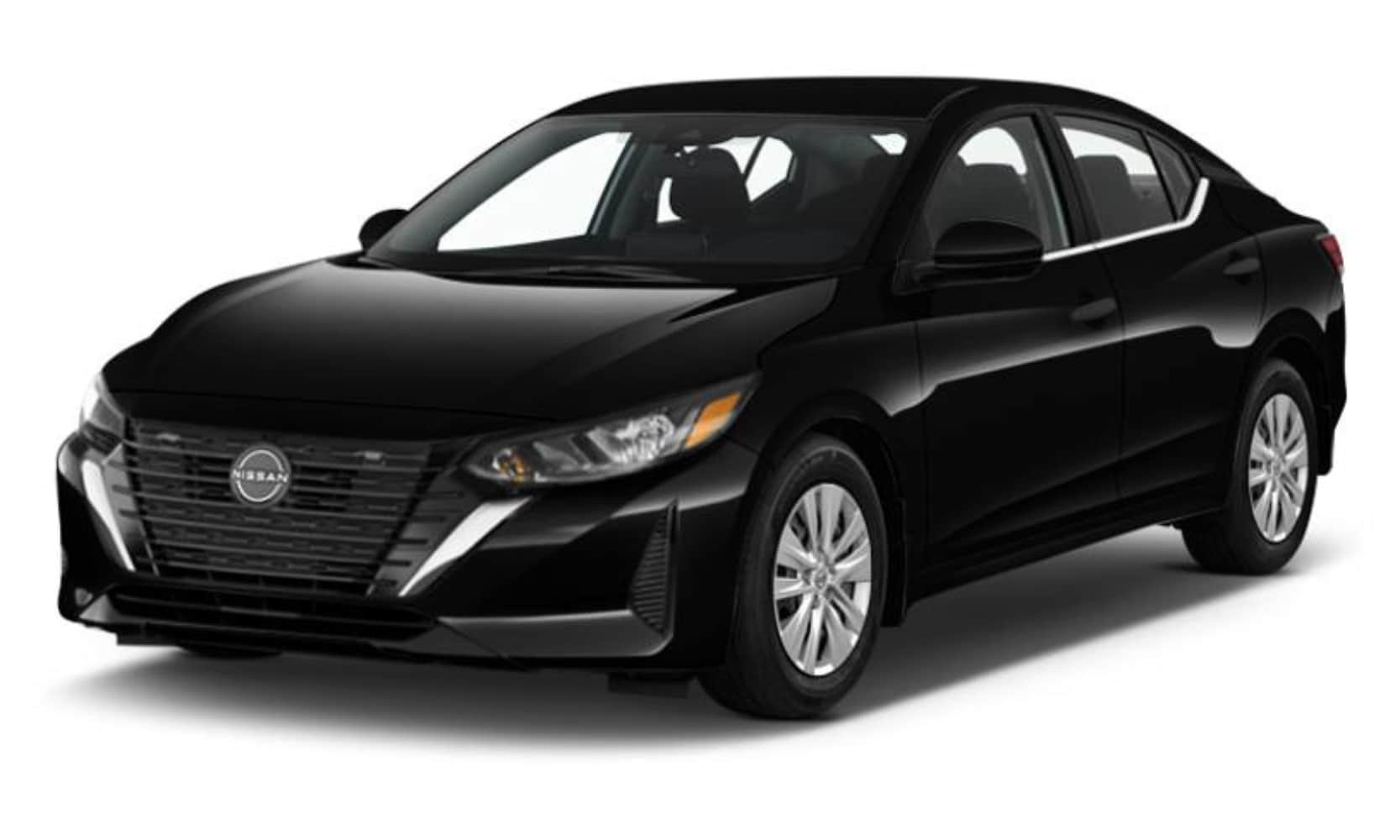 Exterior front angle image of a black 2024 Nissan Sentra S parked on a white background