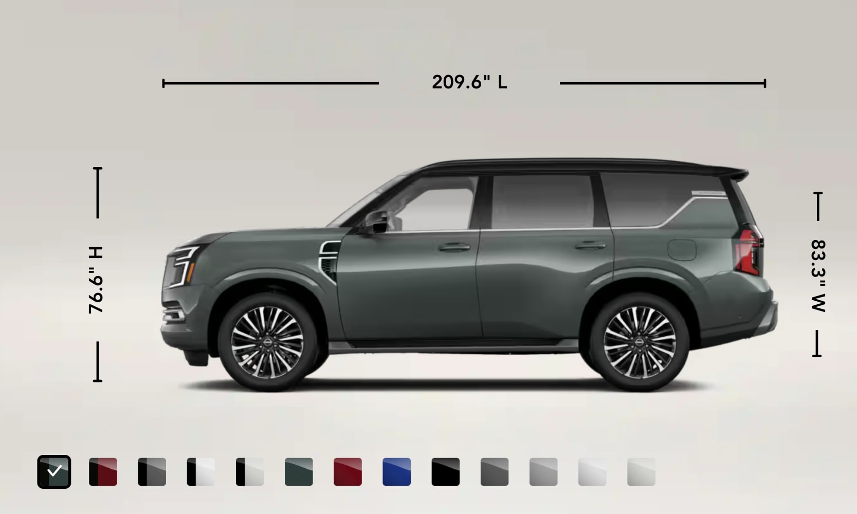 Exterior side image graphic of a light green 2025 Nissan Armada with its dimensions and paint colors displayed