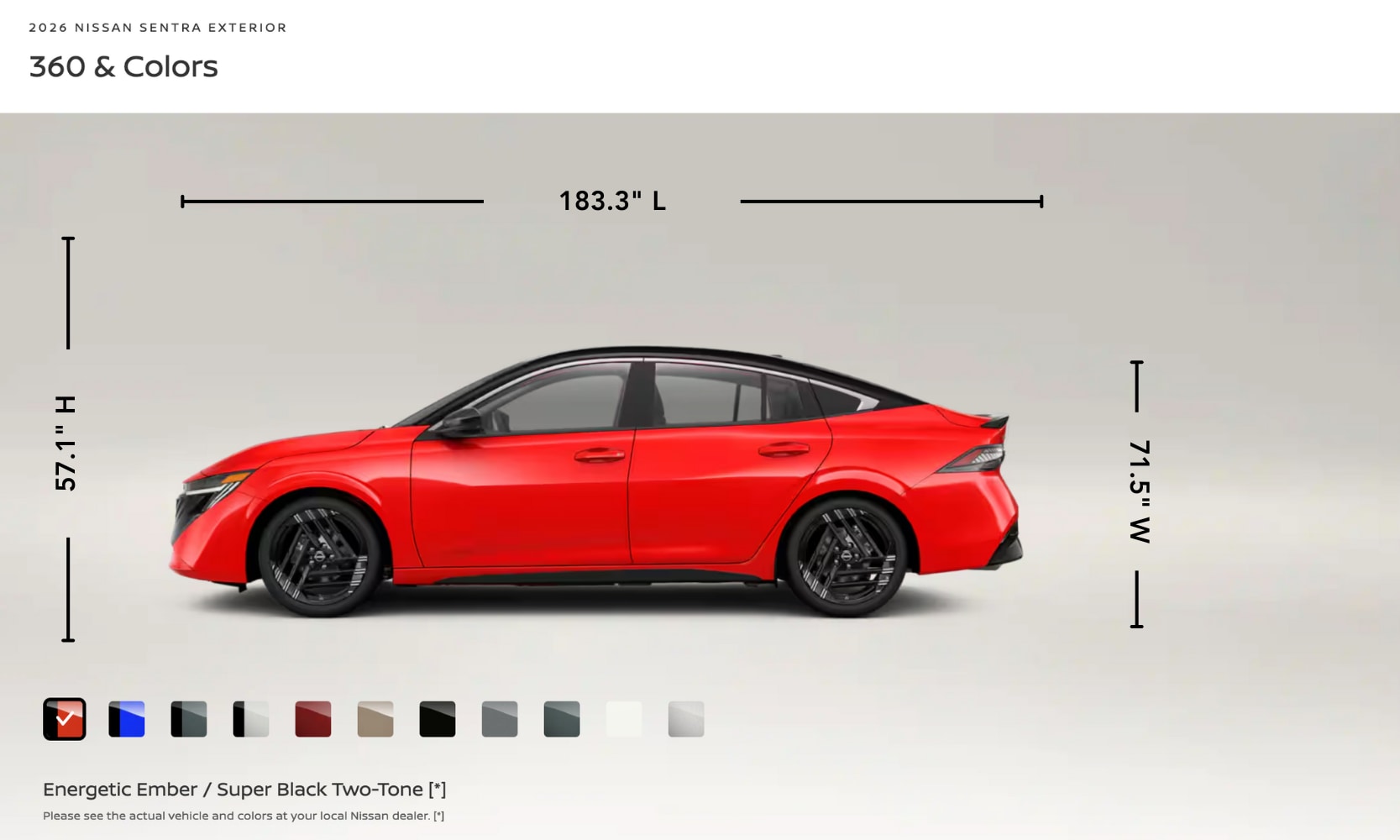 Exterior side image graphic of a red orange 2026 Nissan Sentra parked with its specs displayed