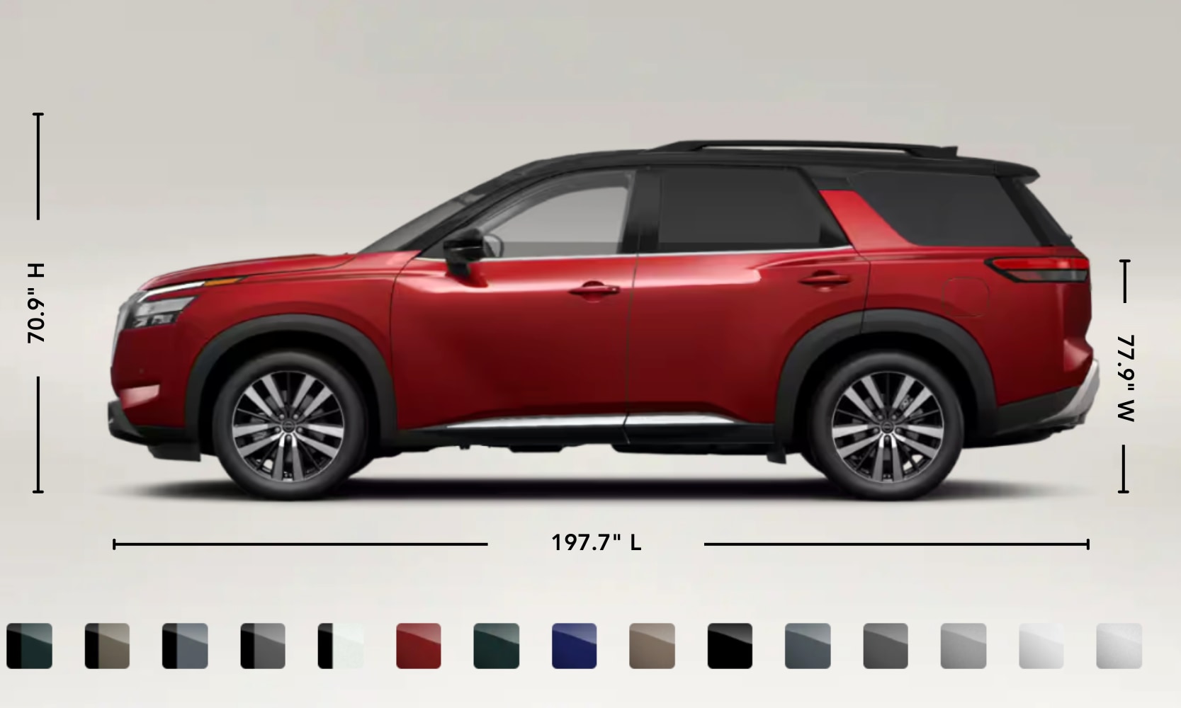 Exterior side image graphic of a red 2025 Nissan Pathfinder with its dimensions and color options displayed