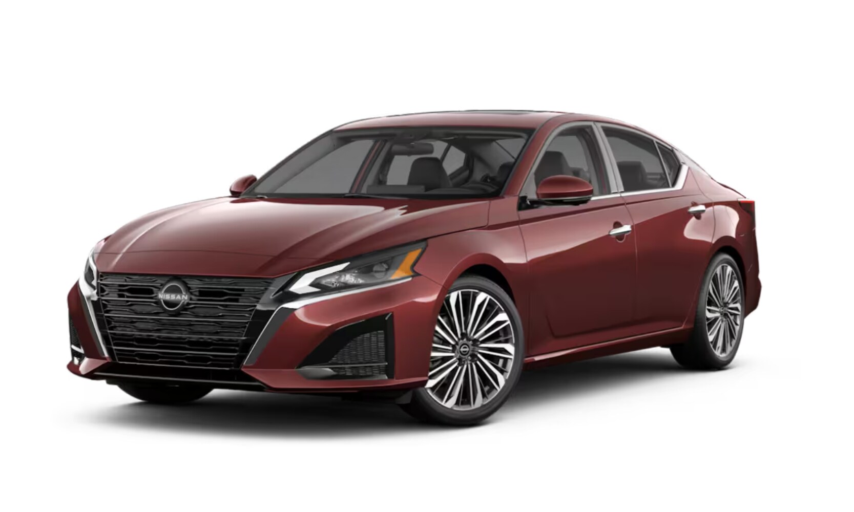 Exterior front side angled image of a dark red 2025 Nissan Altima SR parked on a white background