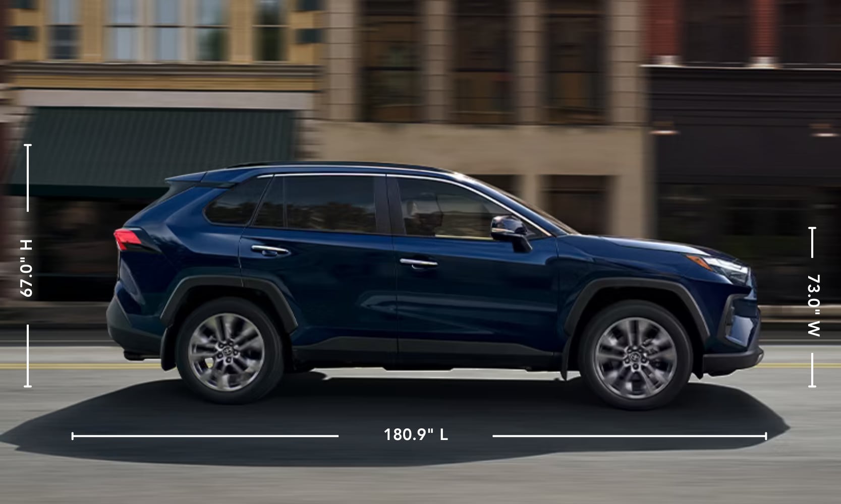 Graphic of a blue 2025 Toyota RAV4 Hybrid XSE with its exterior dimensions displayed