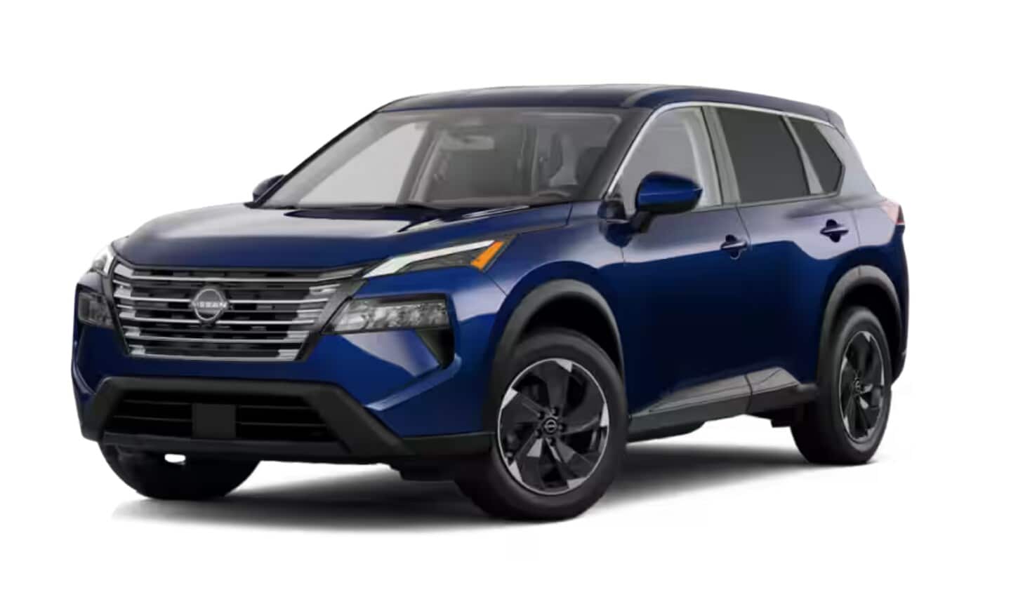 Exterior front image of a dark blue 2025 Nissan Rogue SV parked on a white background