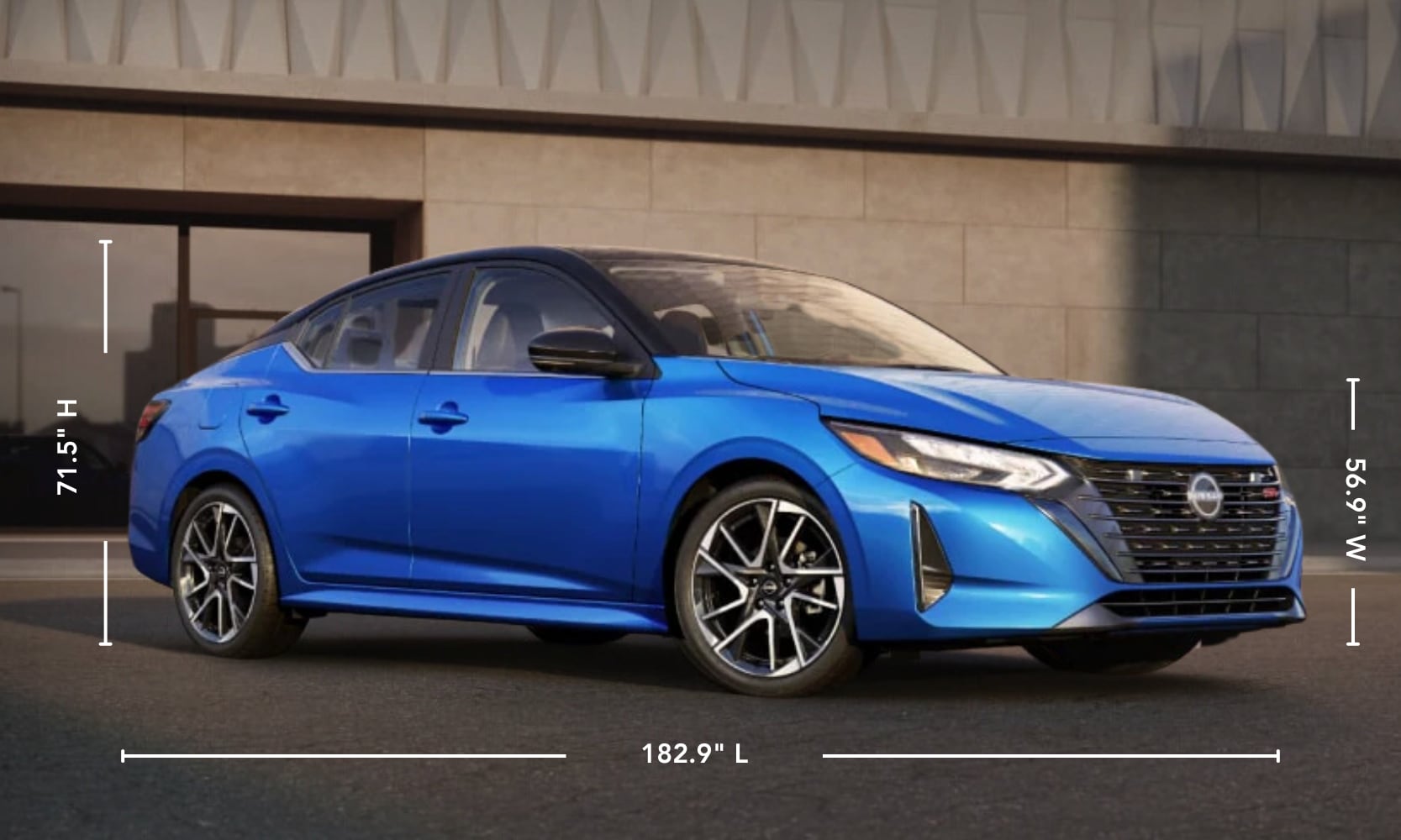 Graphic of a blue 2025 Nissan Sentra exterior dimensions parked outside a building