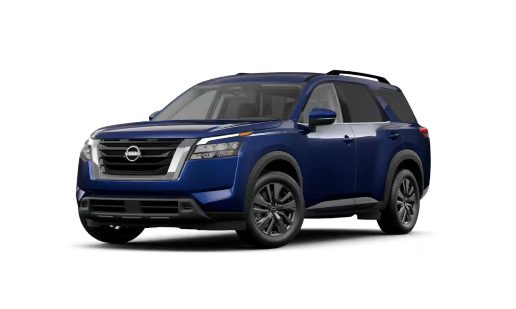 Exterior front image of a blue 2025 Nissan Pathfinder SV parked on a white background