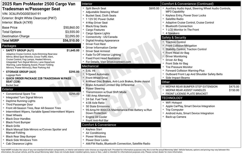 New 2025 Ram ProMaster PROMASTER 2500 TRADESMAN CARGO VAN HIGH ROOF 159' Cargo Van
