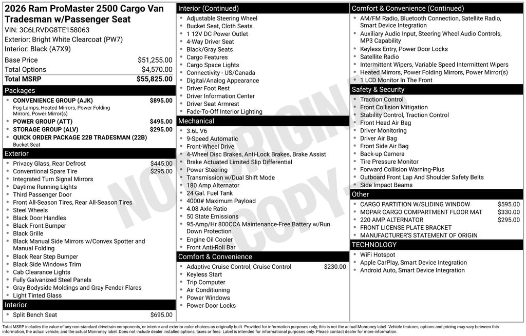 New 2026 Ram ProMaster PROMASTER 2500 TRADESMAN CARGO VAN HIGH ROOF 159' Cargo Van
