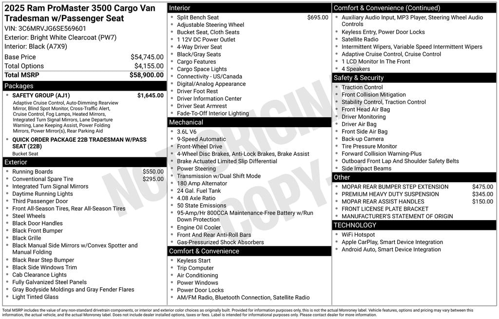 New 2025 Ram ProMaster PROMASTER 3500 TRADESMAN CARGO VAN HIGH ROOF 159' Cargo Van