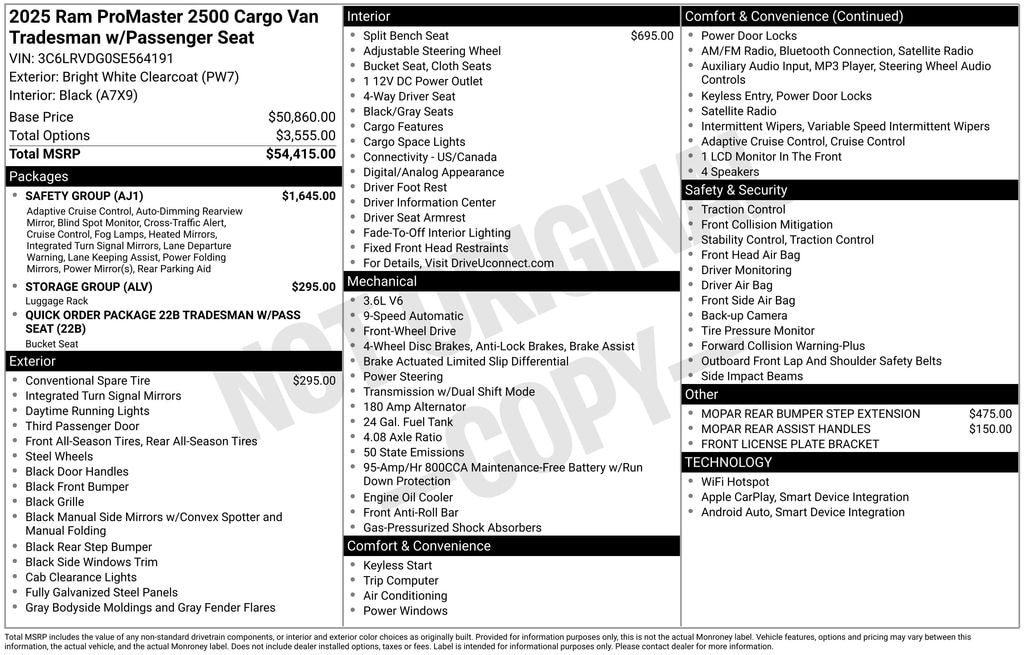 New 2025 Ram ProMaster PROMASTER 2500 TRADESMAN CARGO VAN HIGH ROOF 159' Cargo Van