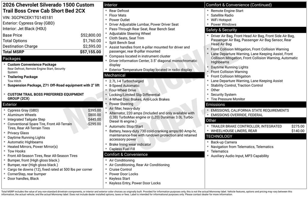 New 2026 Chevrolet Silverado 1500 Custom Trail Boss Truck