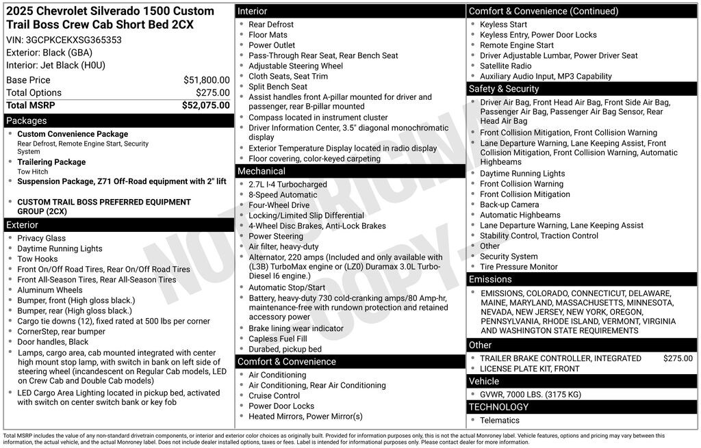New 2025 Chevrolet Silverado 1500 Custom Trail Boss Truck Crew Cab