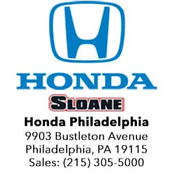 Sloane Honda Logo. Dealership Address is 9903 Bustleton Ave, Philadelphia, PA 19115.
