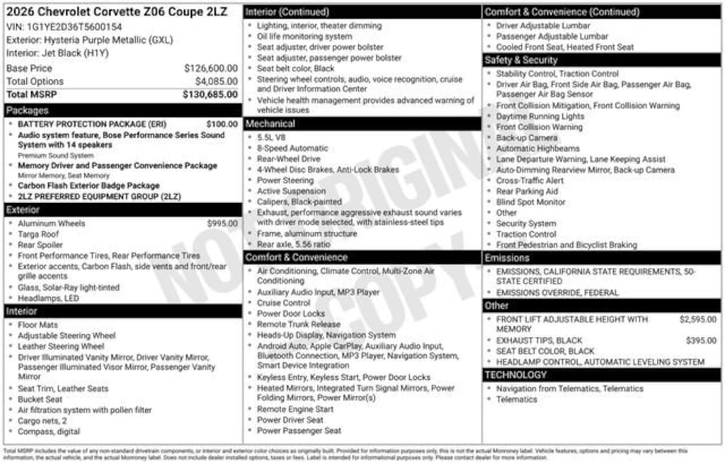 New 2026 Chevrolet Corvette Z06 2LZ Coupe