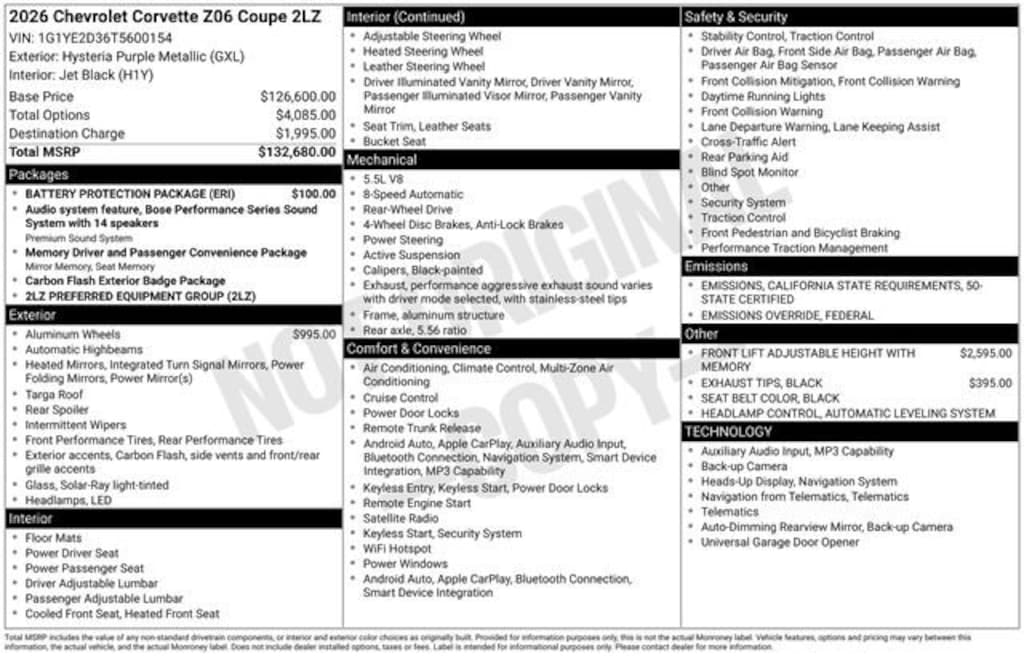 New 2026 Chevrolet Corvette Z06 2LZ Coupe