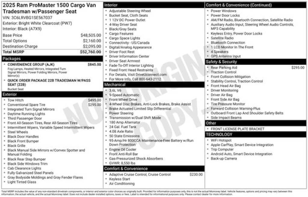 New 2025 Ram ProMaster PROMASTER 1500 TRADESMAN CARGO VAN HIGH ROOF 136' Cargo Van