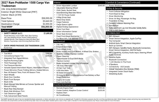 2027 RAM ProMaster Cargo Van Tradesman