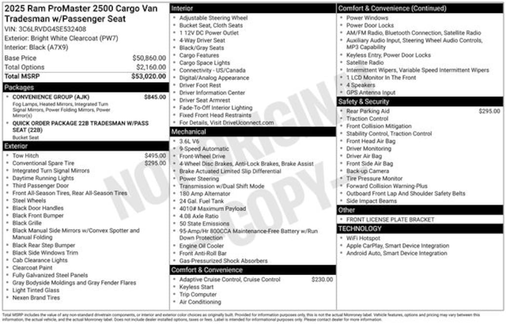 New 2025 Ram ProMaster PROMASTER 2500 TRADESMAN CARGO VAN HIGH ROOF 159' Cargo Van