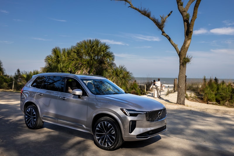 Silver Volvo XC90 in a coastal setting