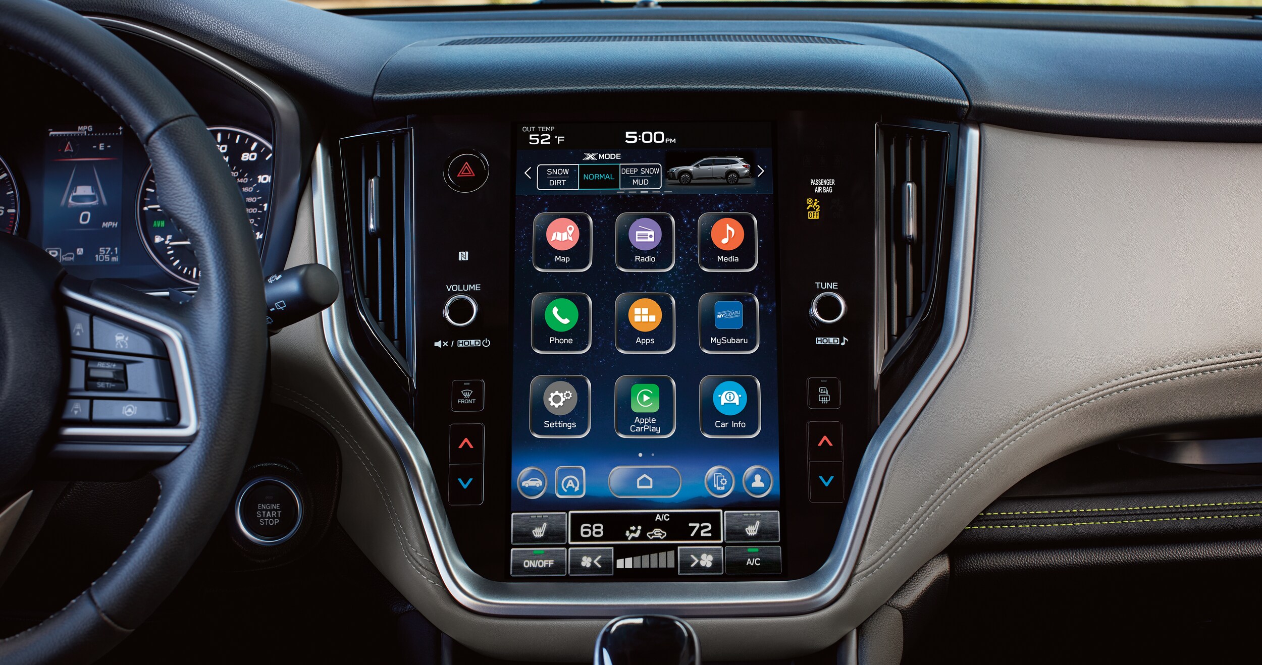 A close-up of the available high-resolution 11.6-inch touchscreen of the SUBARU STARLINK Multimedia system on the 2023 Outback.