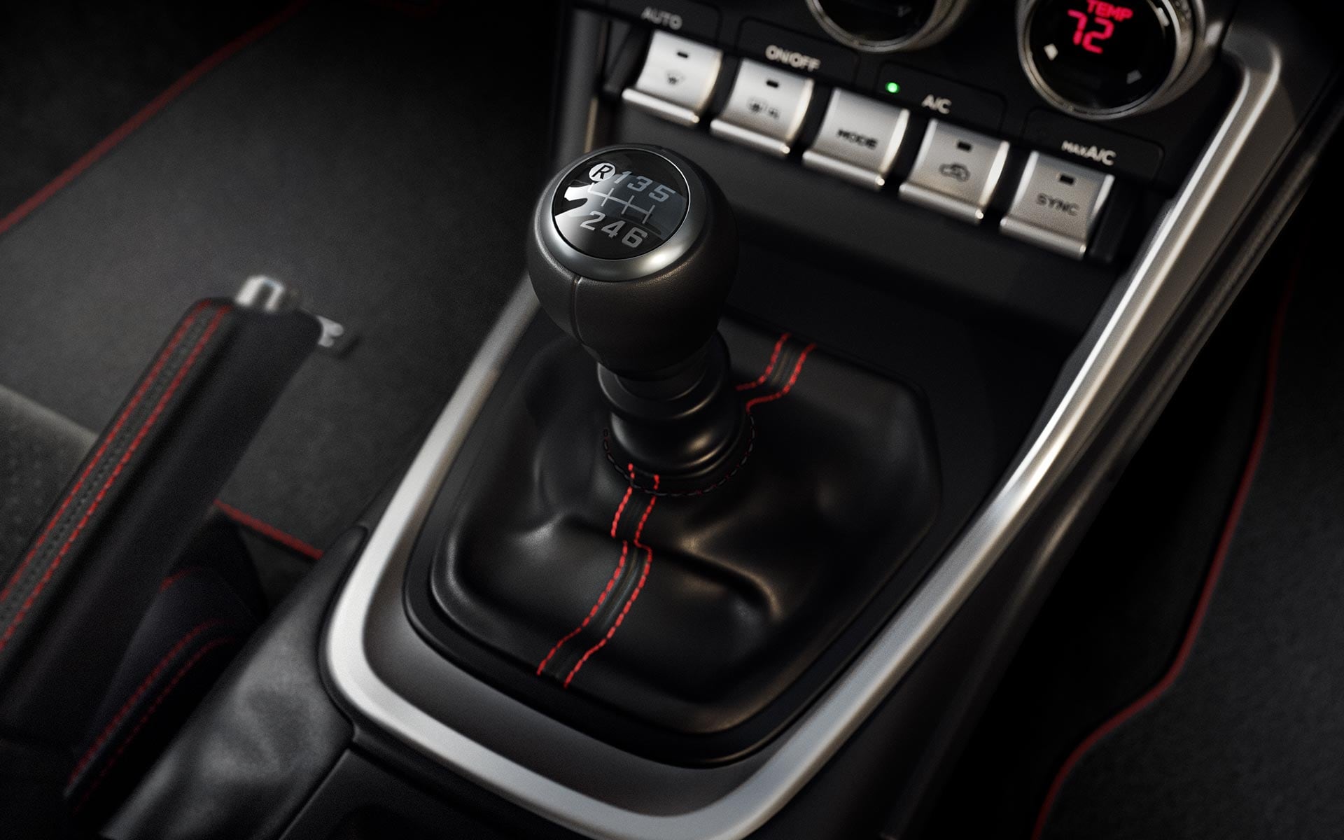 A close up of the 6-speed manual transmission on the 2022 Subaru BRZ. 