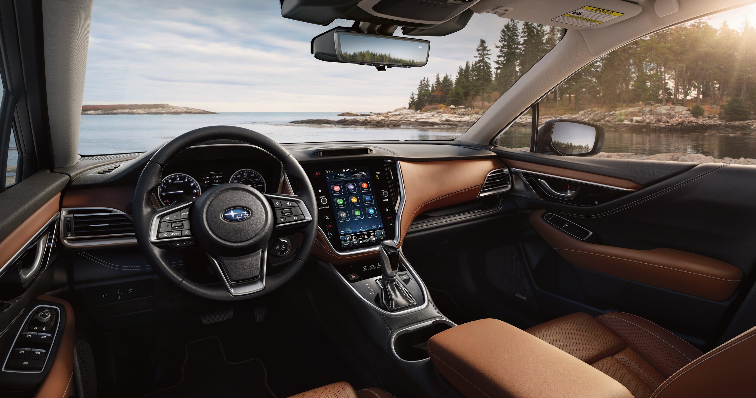 A front-facing view of the interior of the 2023 Outback.