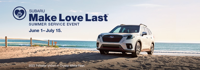 Subaru Make Love Last Summer Service Event June 1-July 15 2022 Forester shown in Crystal White Pearl.