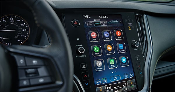  A close-up of the 11.6-inch touchscreen for the STARLINK Multimedia system on the 2023 Outback Wilderness.