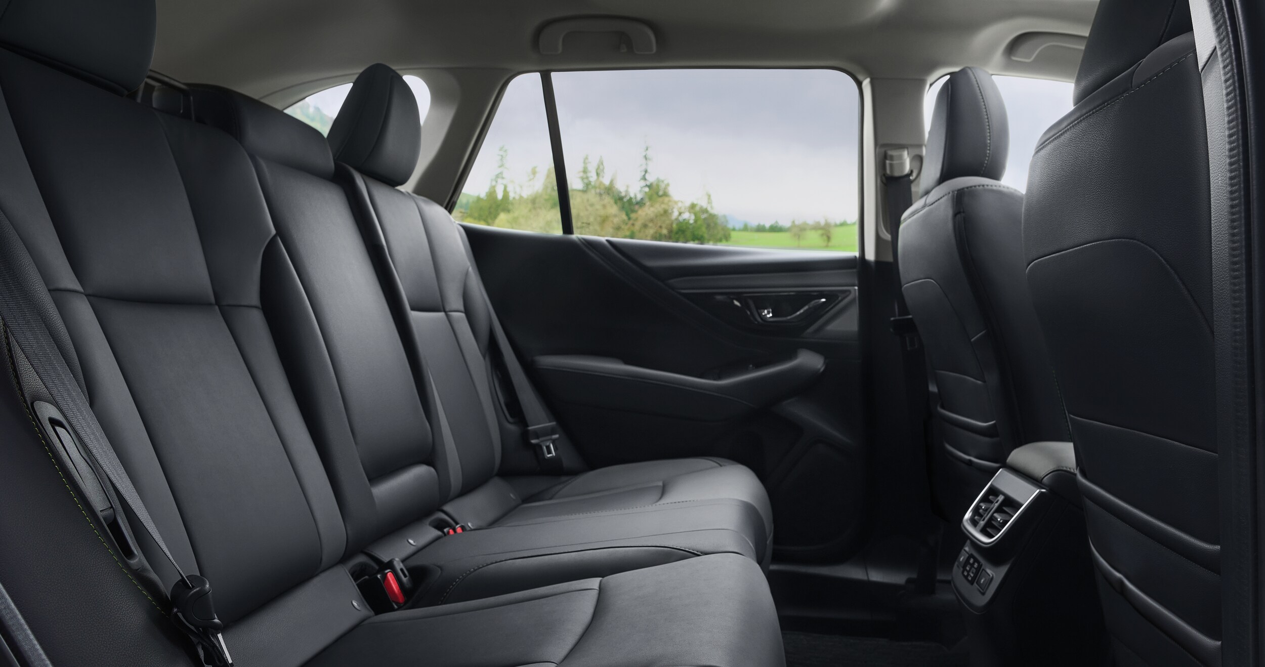 A view of the rear seat with two-tone StarTex upholstery in the 2023 Outback Onyx Edition.
