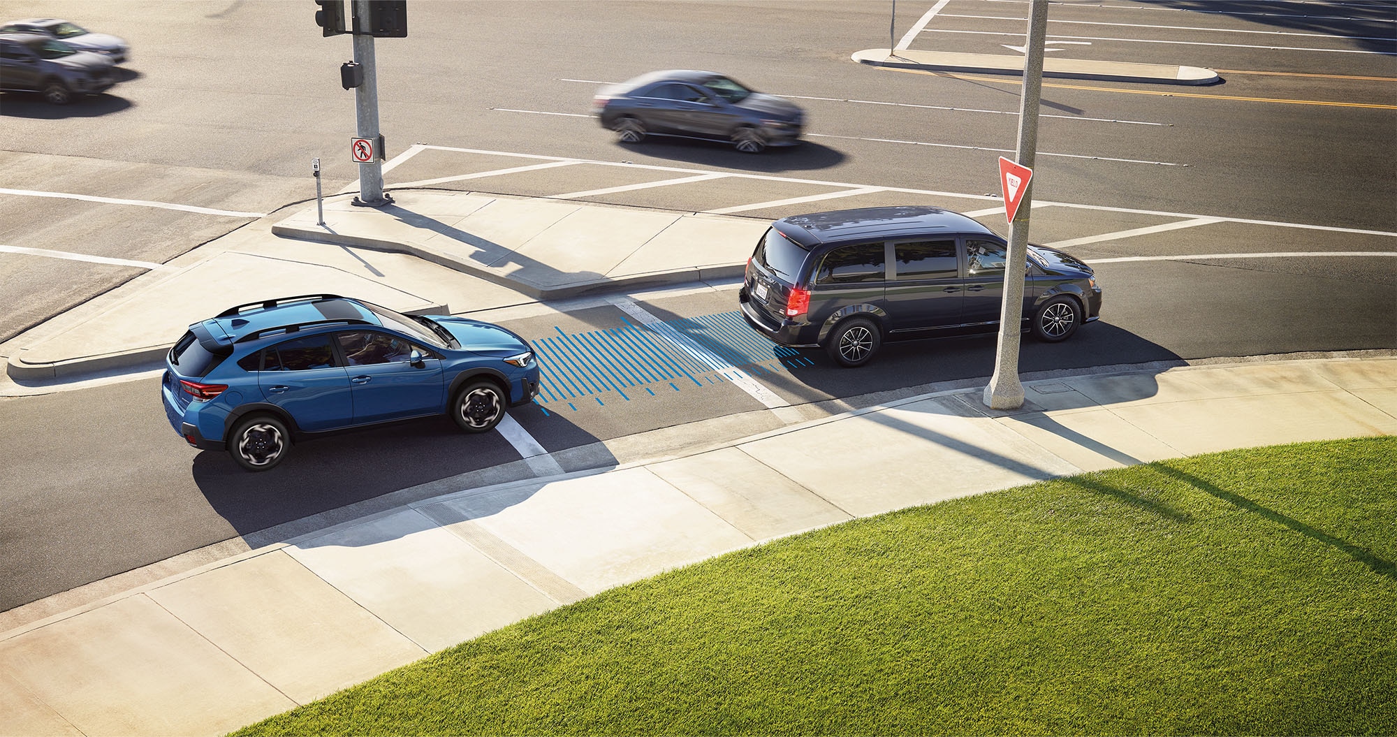  A photo illustration showing the Advanced Adaptive Cruise Control with Lane Centering feature on the 2023 Crosstrek.