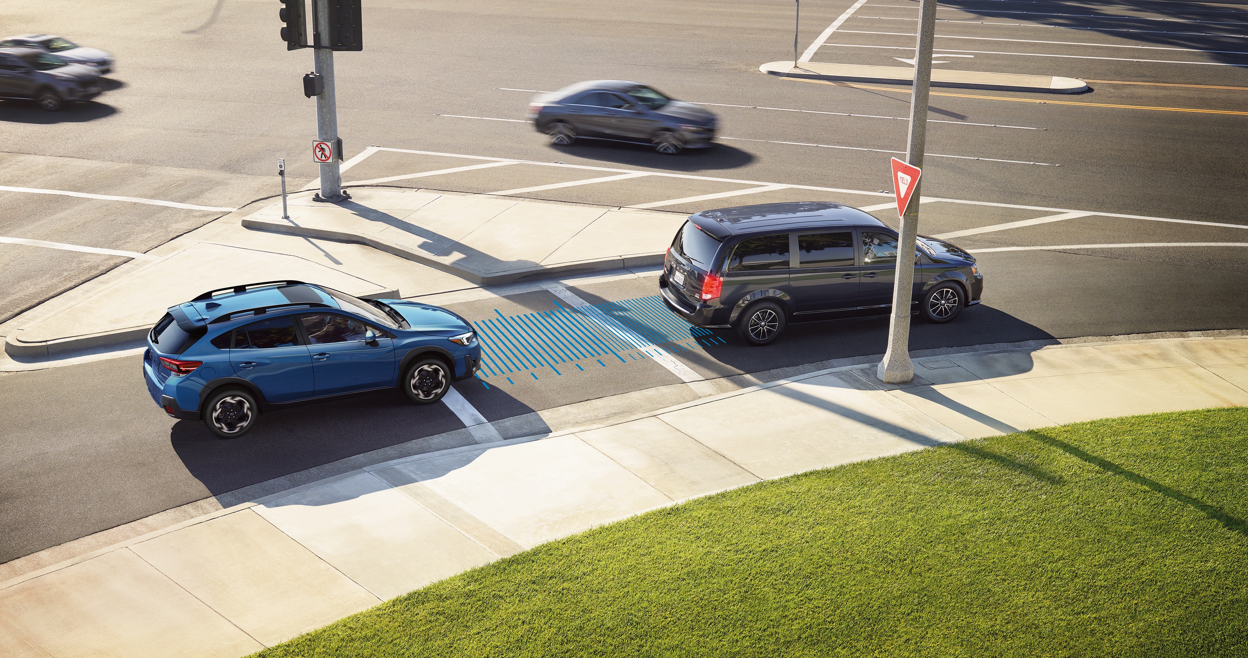 A photo illustration showing the Adaptive Cruise Control with Lane Centering feature on the 2023 Crosstrek Hybrid.