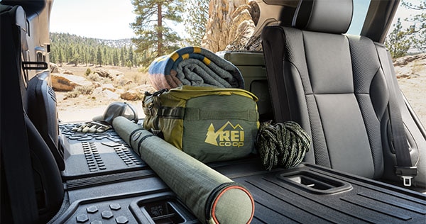 A view looking out the rear cargo area on the 2023 Outback Wilderness.