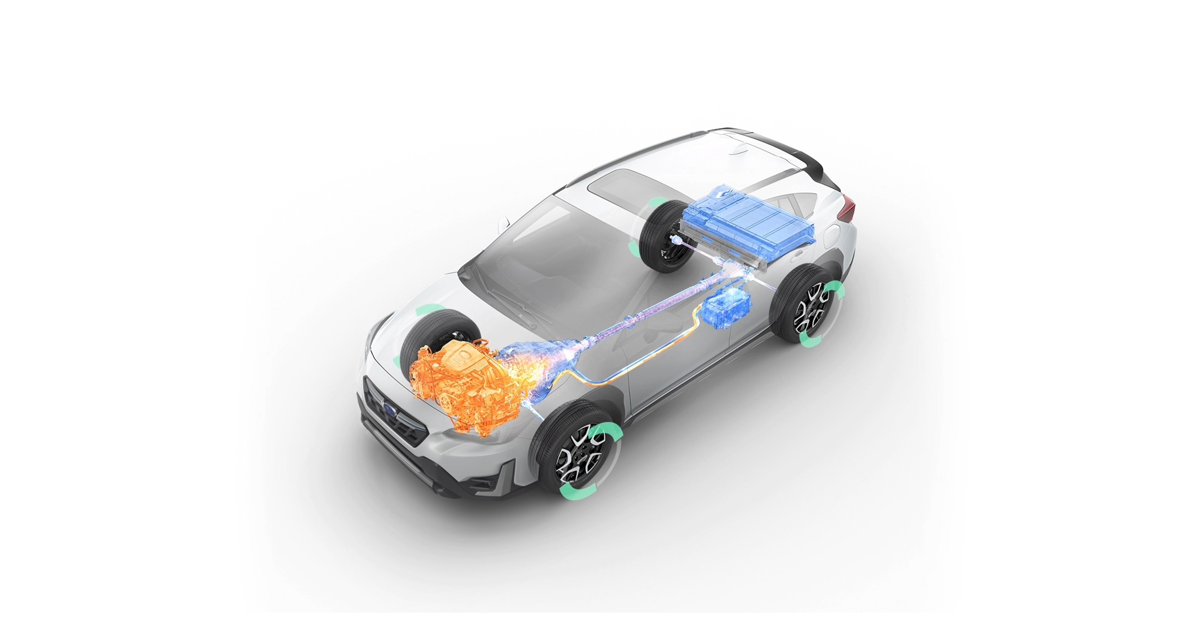 A photo illustration showing the hybrid engines of the Subaru StarDrive Technology in the 2023 Crosstrek Hybrid.