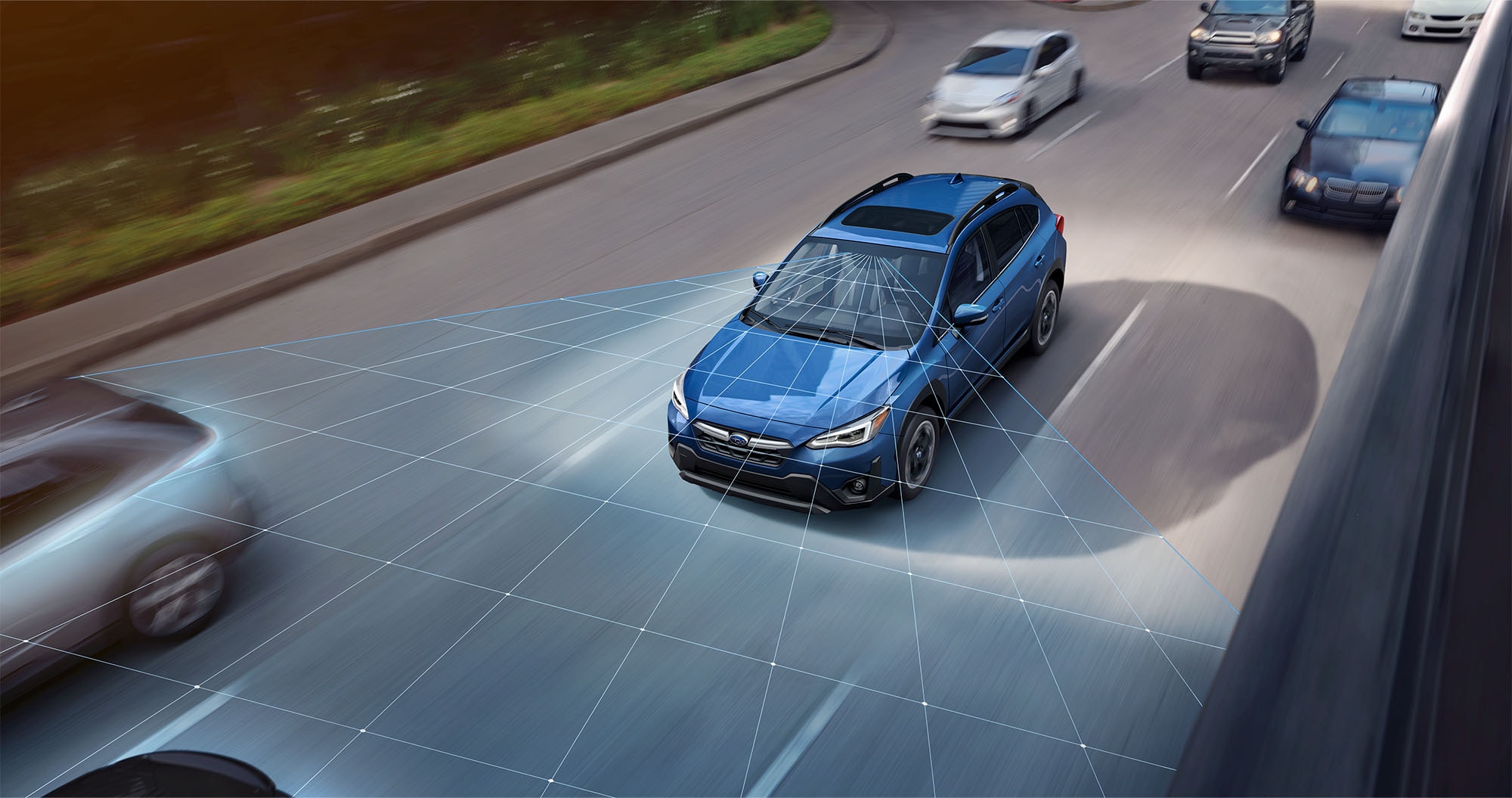 A photo illustration showing the standard EyeSight Driver Assist Technology on the 2023 Crosstrek.