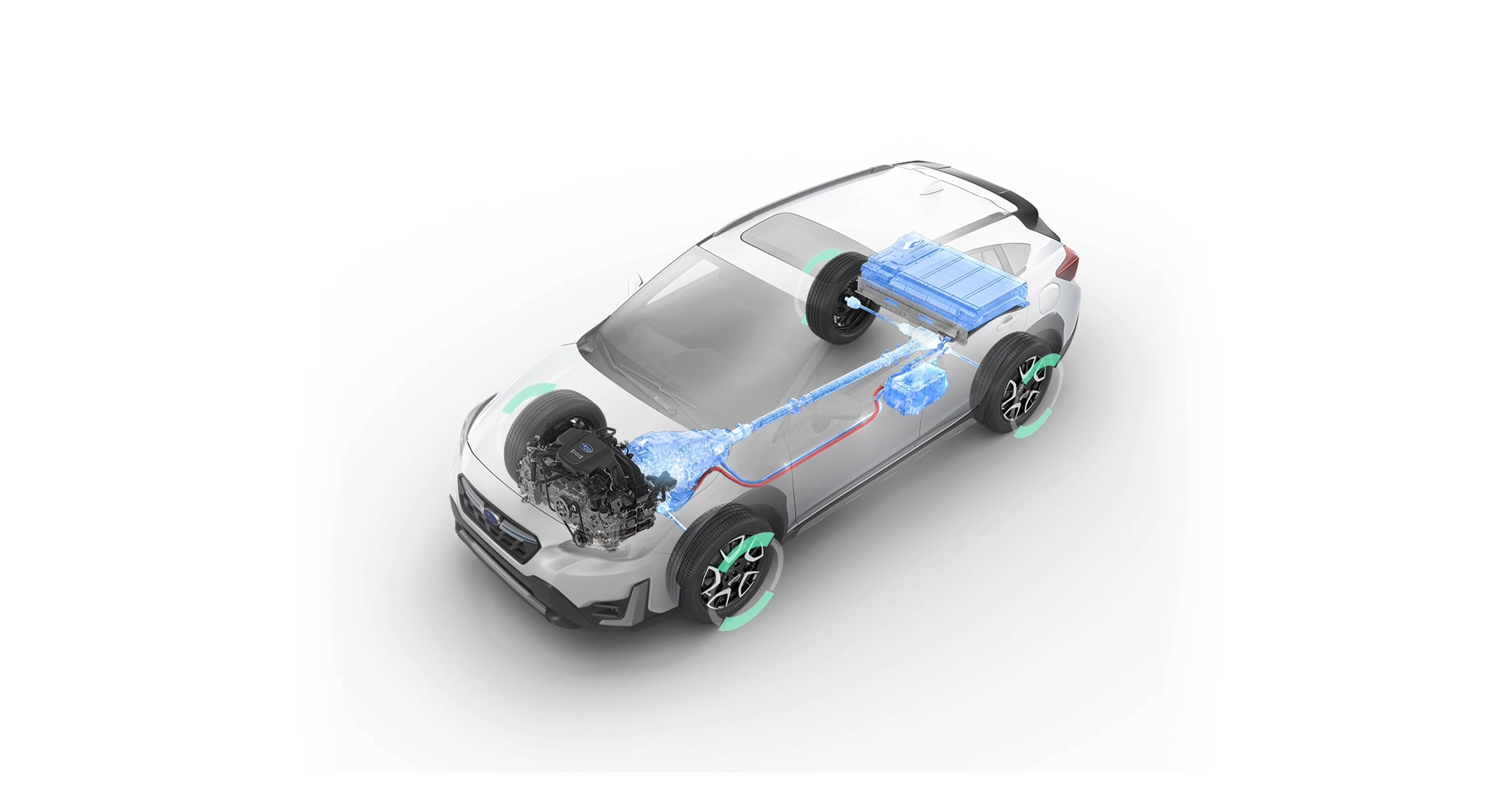 A photo illustration showing the all-electric mode of the Subaru StarDrive Technology in the 2023 Crosstrek Hybrid.