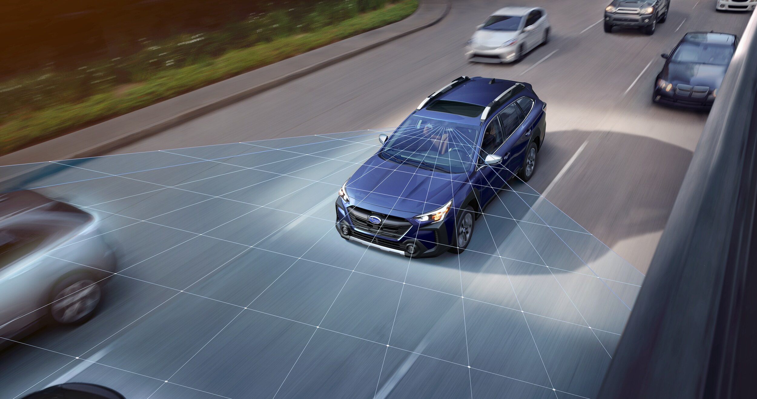 A photo illustration showing the standard EyeSight Driver Assist Technology on the 2023 Outback.