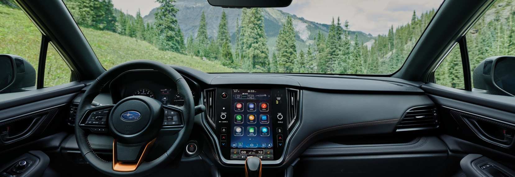 A front-facing view of the interior of the 2023 Outback Wilderness.