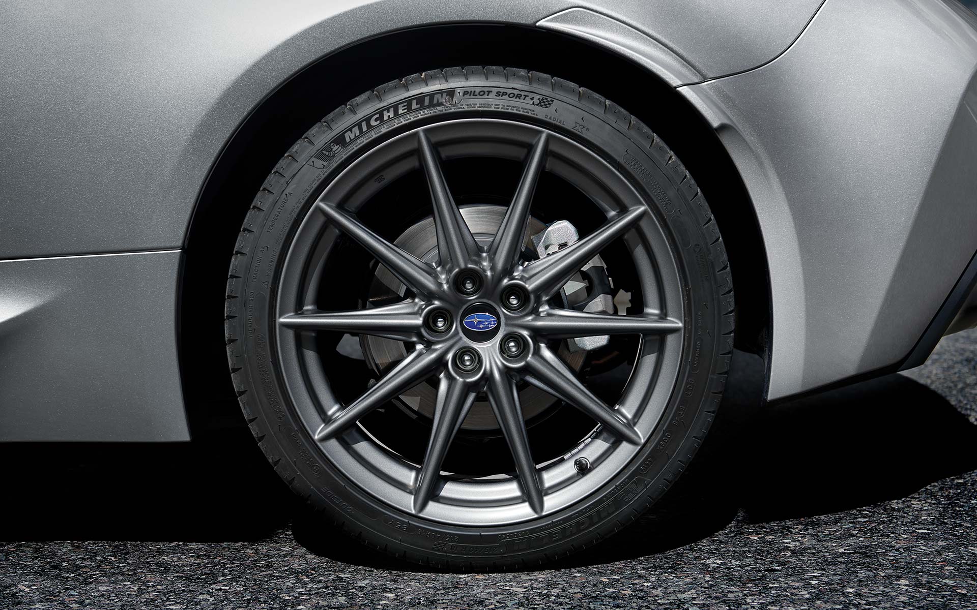 A close up of the 18-inch alloy wheels on the 2022 Subaru BRZ Limited. 