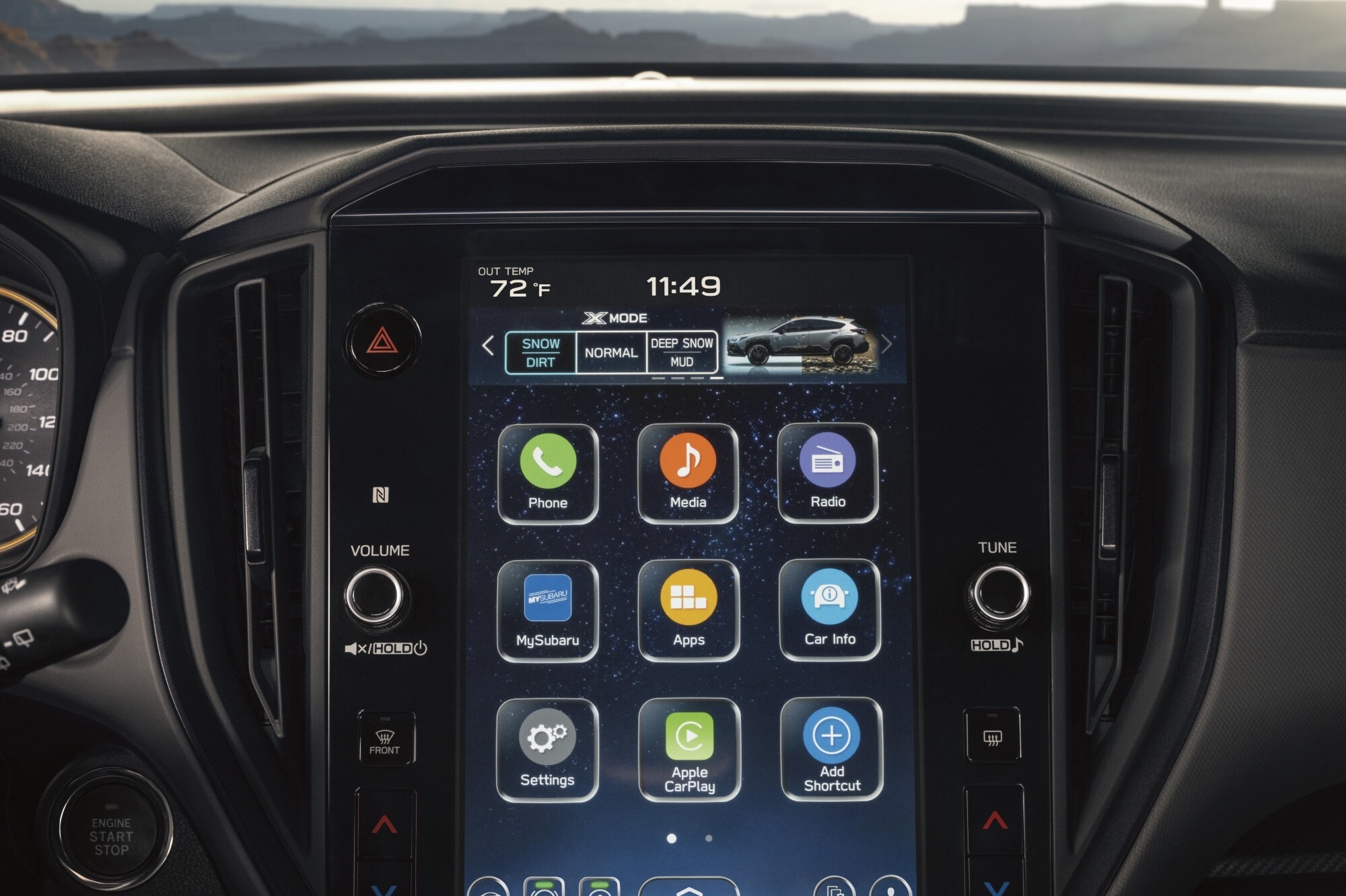  A static close-up image of the center touchscreen display inside a Subaru Wilderness model. 