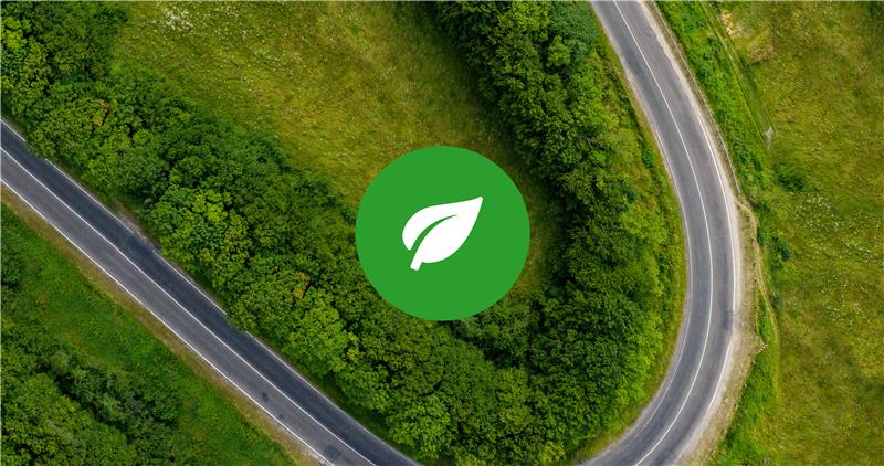  A white leaf icon on a green circle, overlaid on an image of a lush forest canopy.