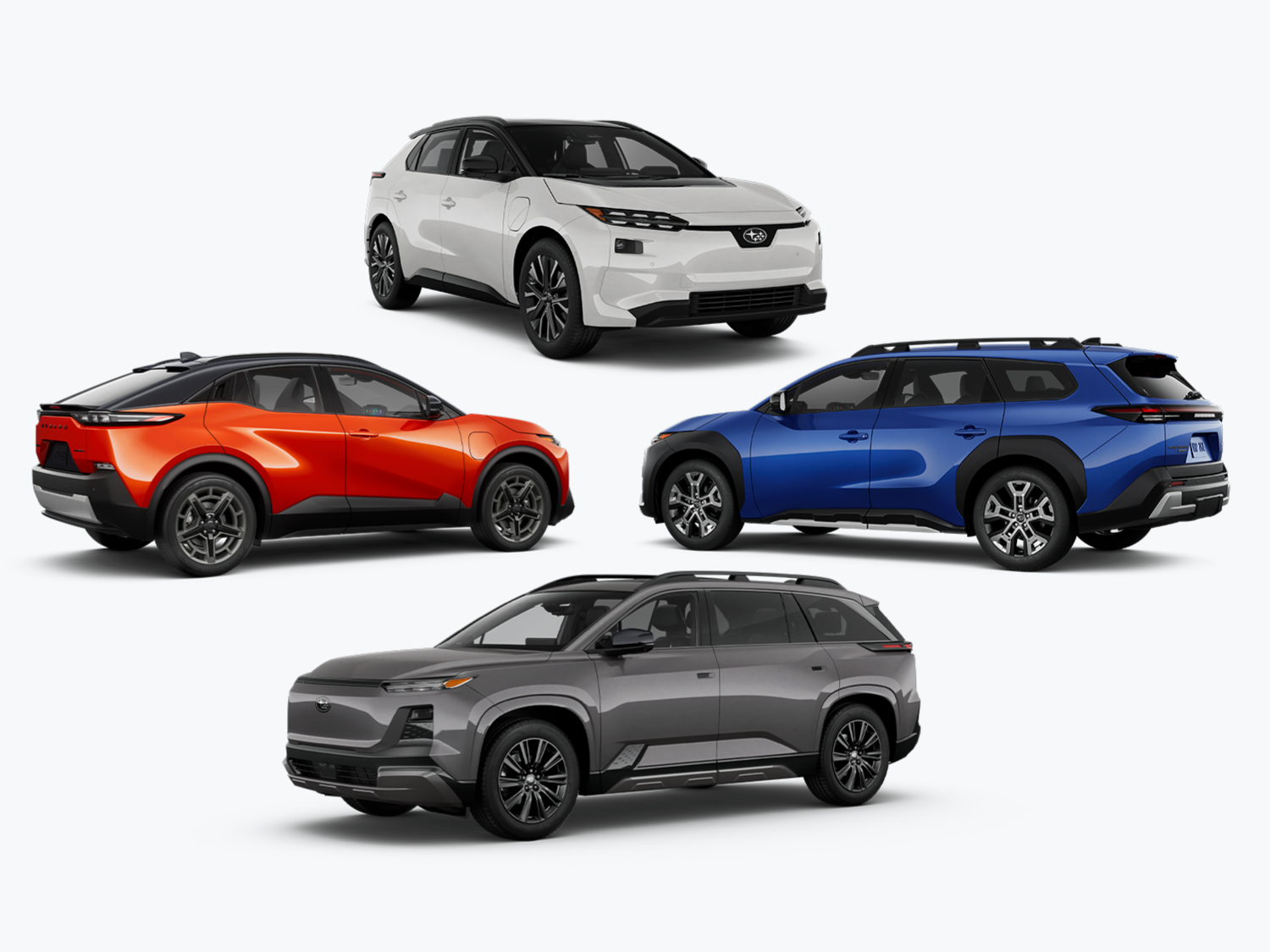 Four Subaru electric vehicles.