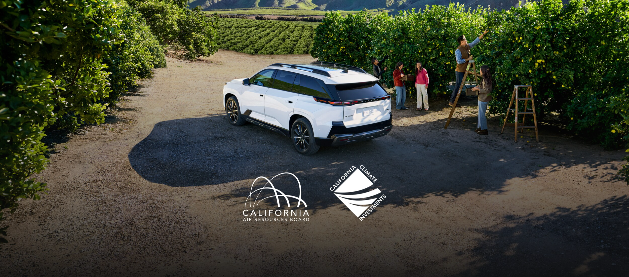 A white Subaru Getaway EV parked next to people picking fruit in an orchard.