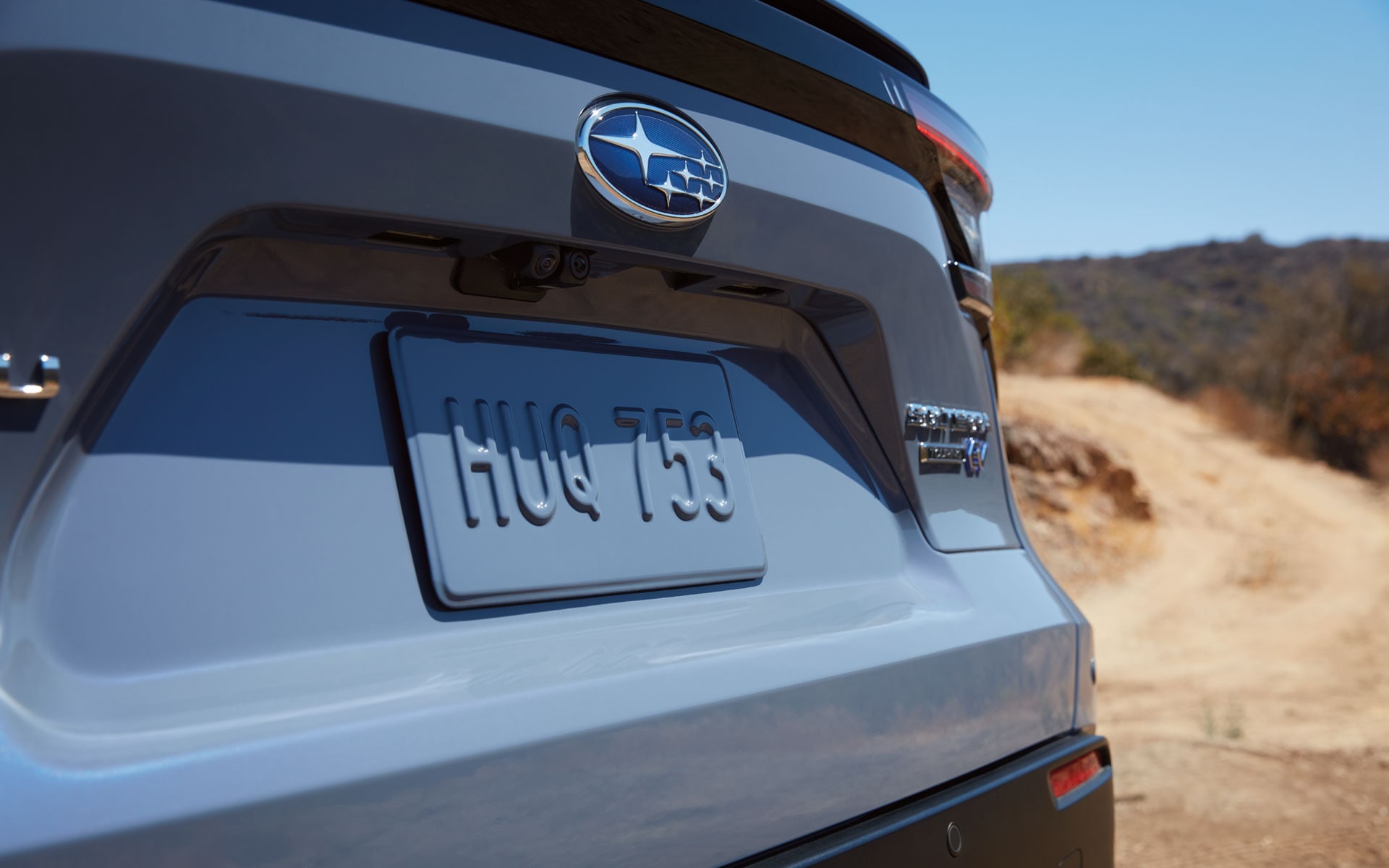 A close-up of the rear end of a Subaru Solterra.
