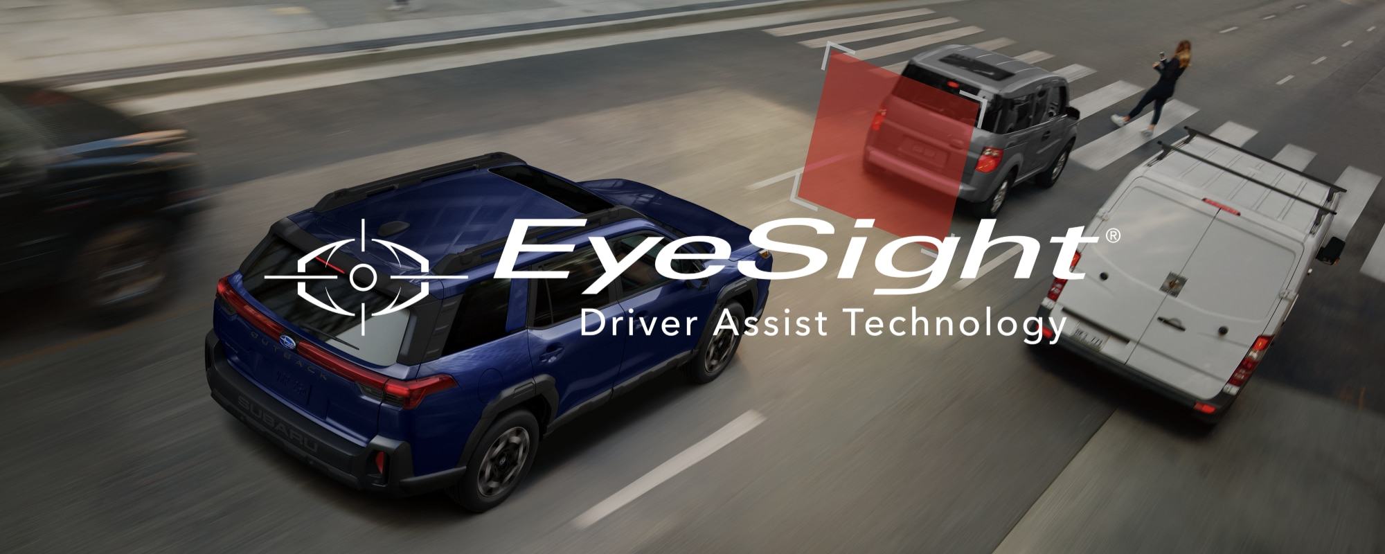 2026 Outback driving on road with red graphic overlay demonstrating EyeSight technology